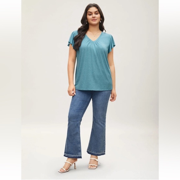 BloomChic Plus Size Solid Heather Gathered Ruffle Sleeve T-shirt - Picture 6 of 8